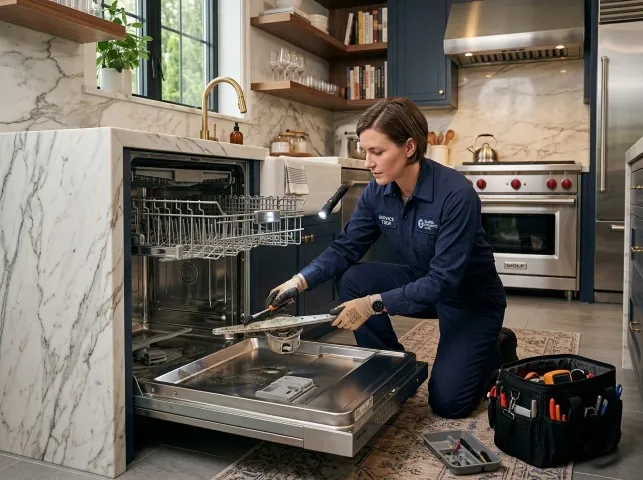 Appliance Repair Hero technician servicing a built-in dishwasher in a Braithwaite, LA kitchen