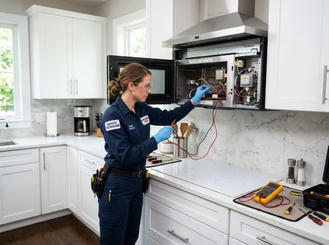 Appliance Repair Hero technician testing an over-the-range microwave in a Braithwaite, LA kitchen