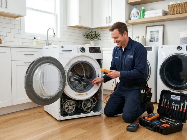 Appliance Repair Hero technician testing a front-load washer with a multimeter on a Braithwaite, LA service call